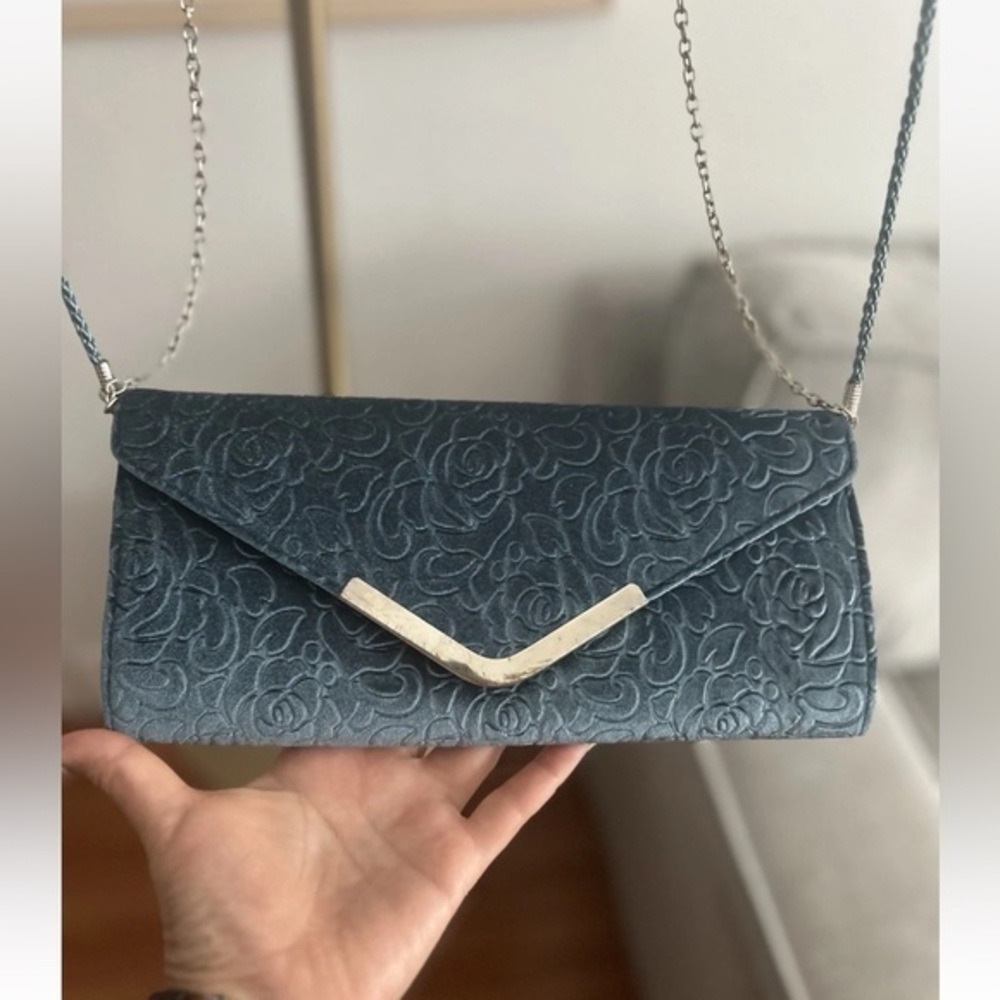 NINA vintage Blue Burnout Velvet Chain Grunge Boho  Y2K Crossbody Clutch Bag